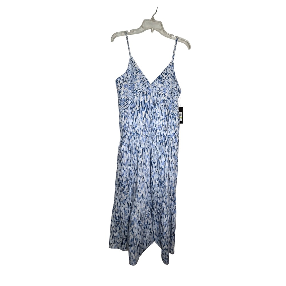 BCBG Women Blue White Abstract Print Cotton Tiered Midi Dress Size 4